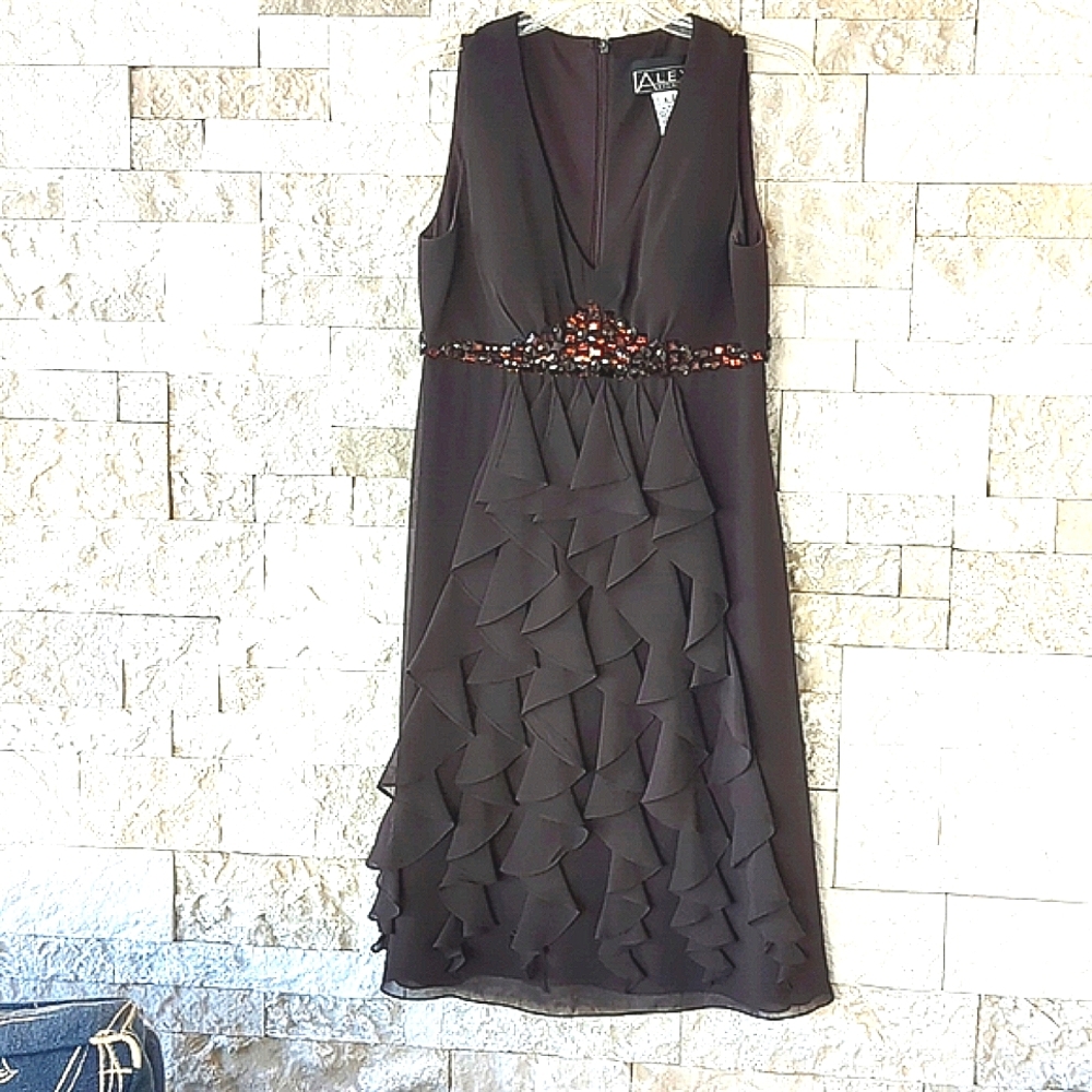 Alex Evenings Dress Sz 6 Whimsigoth Multi Ruffles Bronze Beads Dark Romance EUC